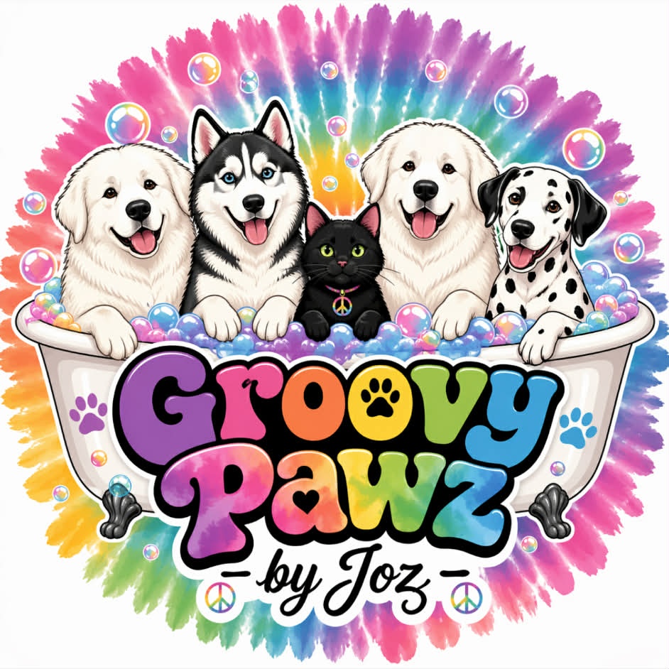 Groovy Pawz by Joz — dogs and cat in bathtub